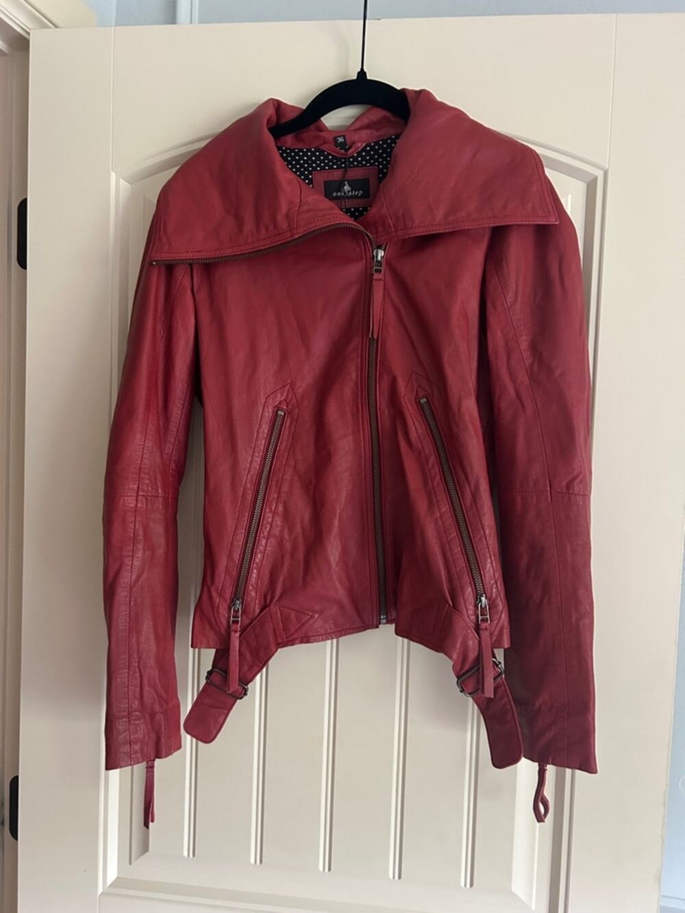 One Step Faux Red Leather Zip Jacket